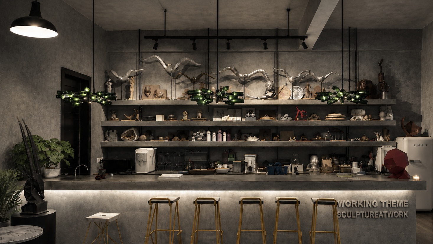 SculptureAtWork studio interior with sculptures displayed on concrete shelves